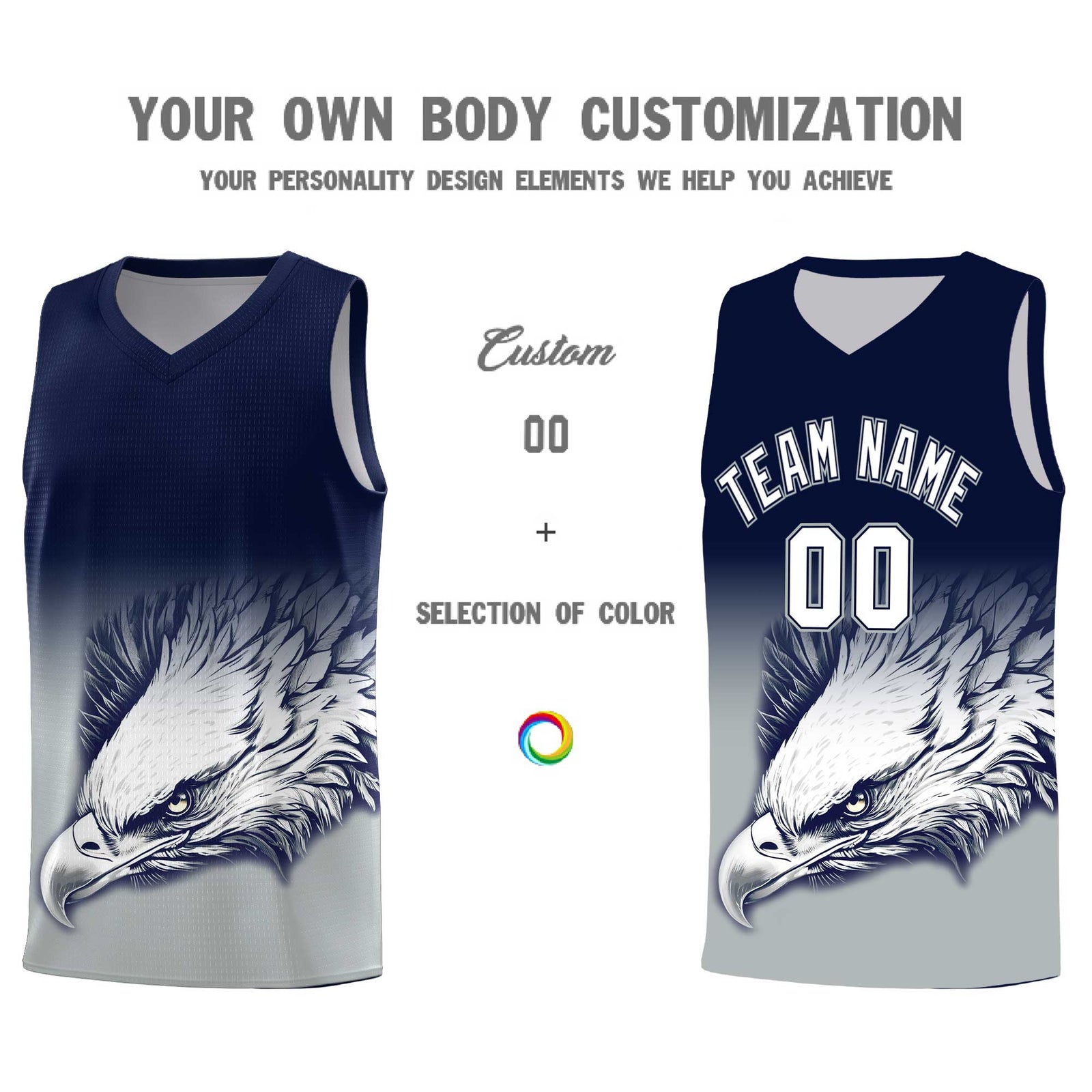 Custom Navy Gray Basketball Kits with Eagle Pattern