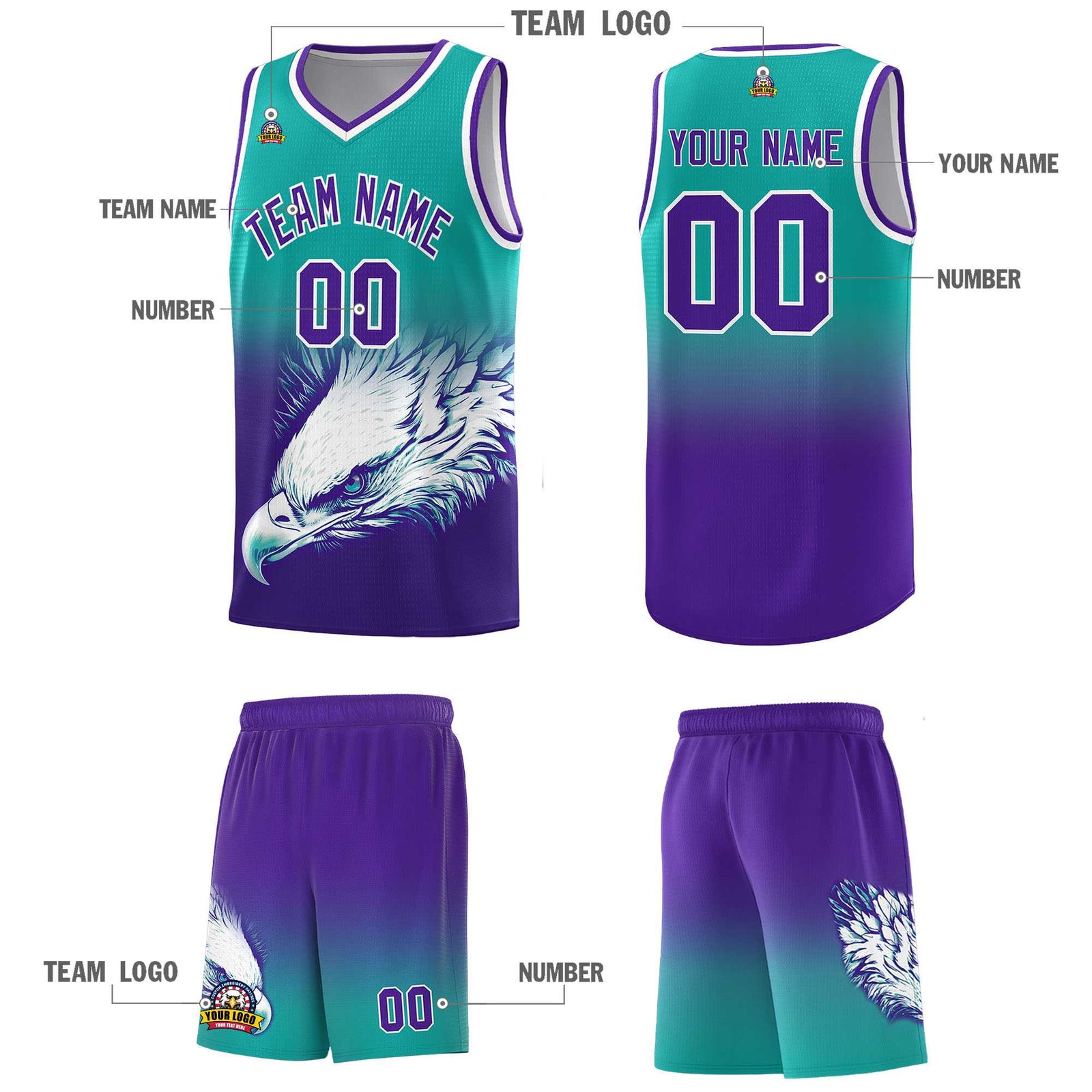 Custom Aqua Purple Basketball Kits with Eagle Pattern