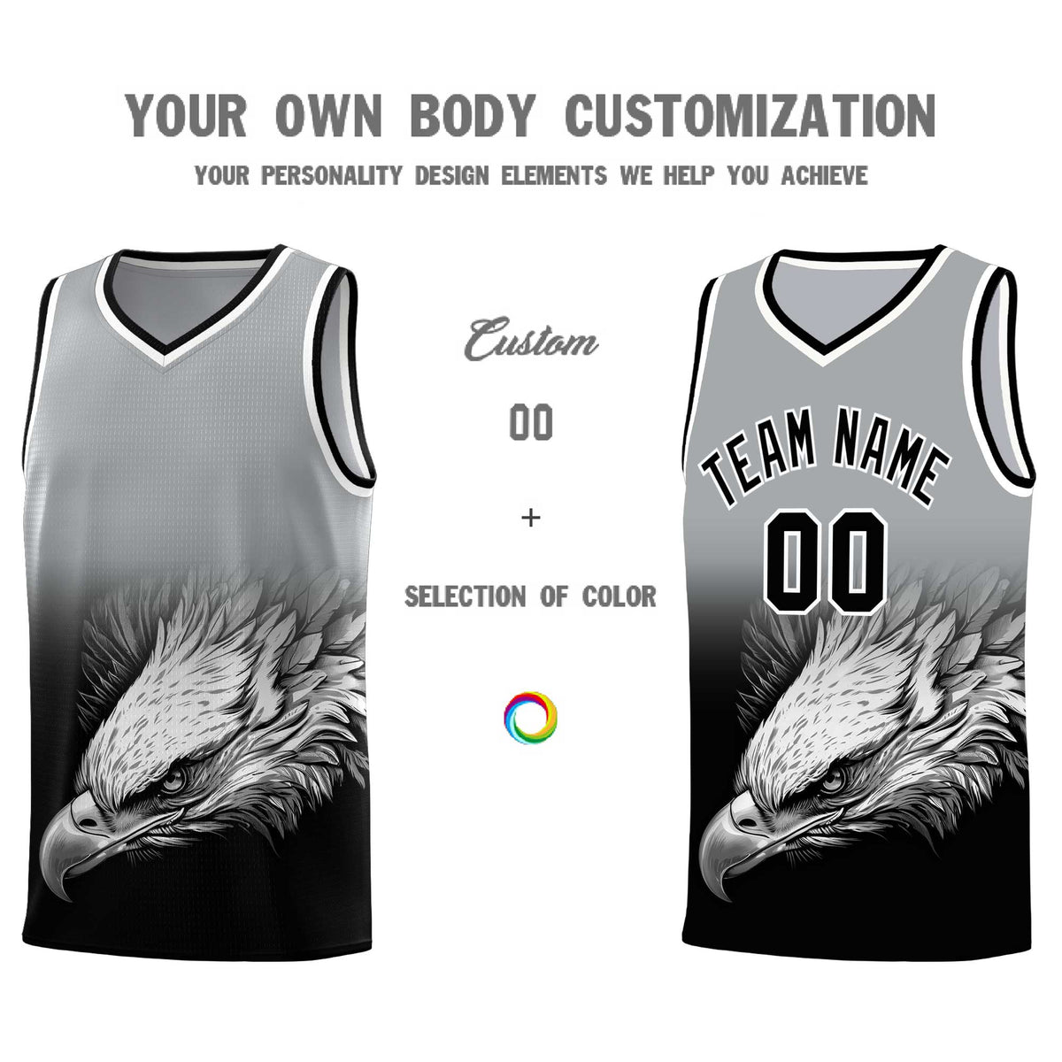 Custom Gray Black Basketball Kits with Eagle Pattern