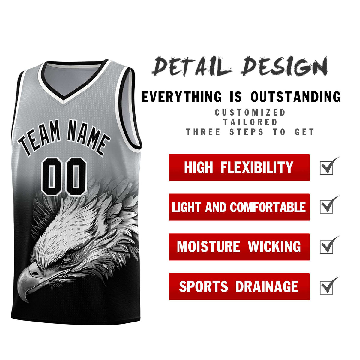 Custom Gray Black Basketball Kits with Eagle Pattern
