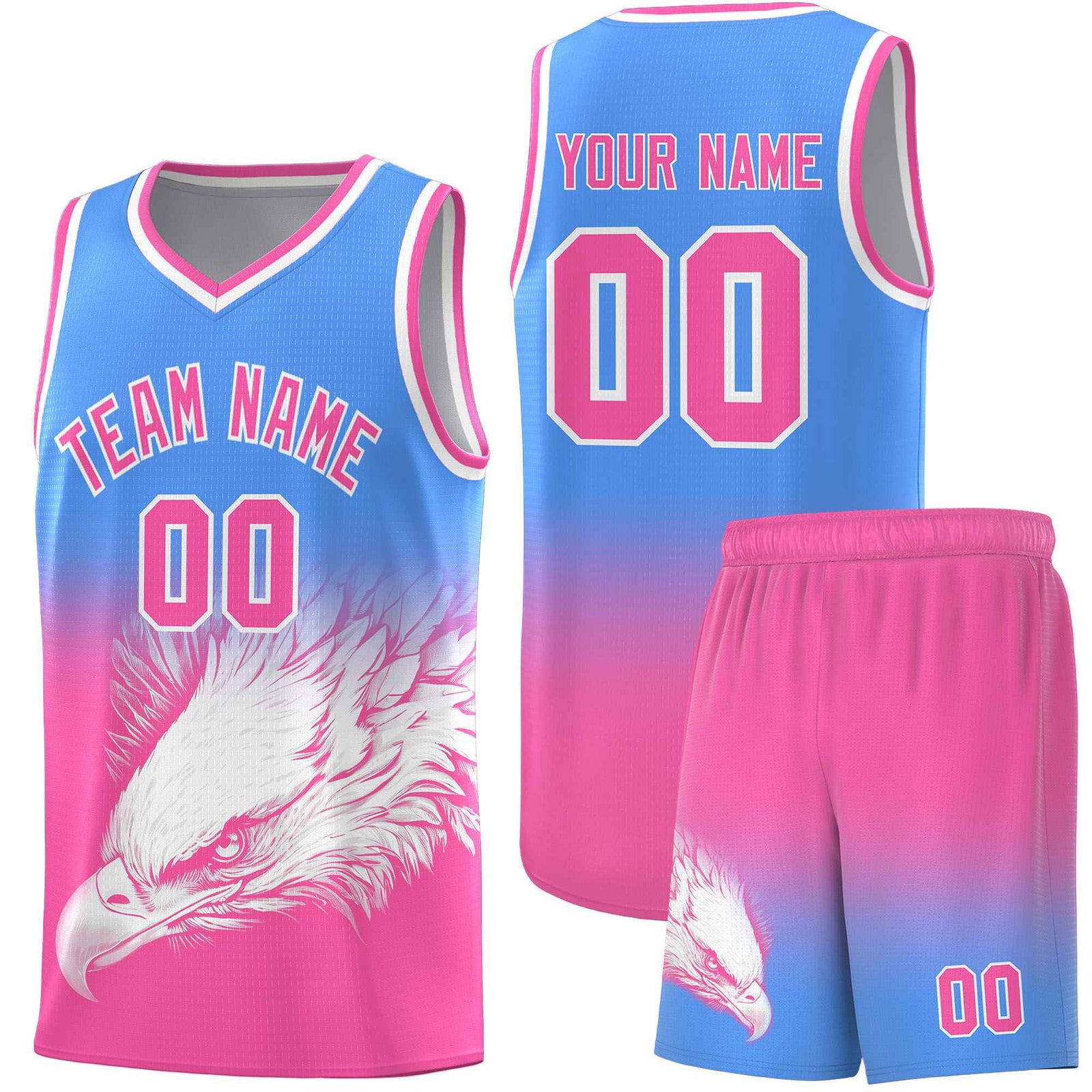 Custom Powder Blue Pink Basketball Kits with Eagle Pattern