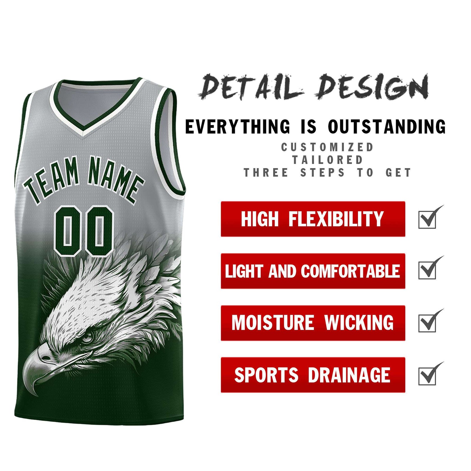 Custom Gray Green Basketball Kits with Eagle Pattern