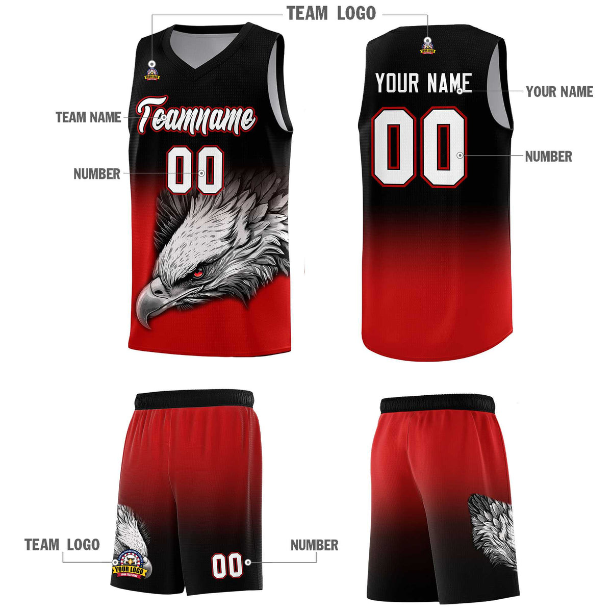 Custom Black Red Basketball Kits with Eagle Pattern
