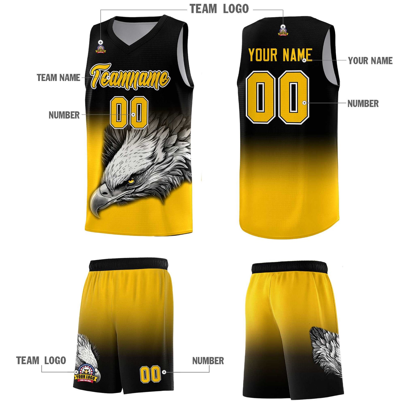 Custom Black Yellow Basketball Kits with Eagle Pattern