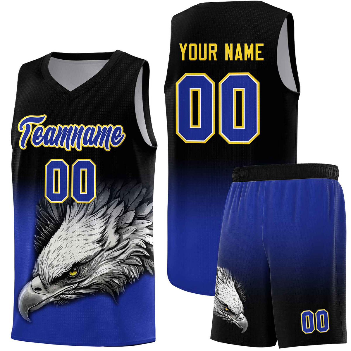 Custom Black Yellow Basketball Kits with Eagle Pattern