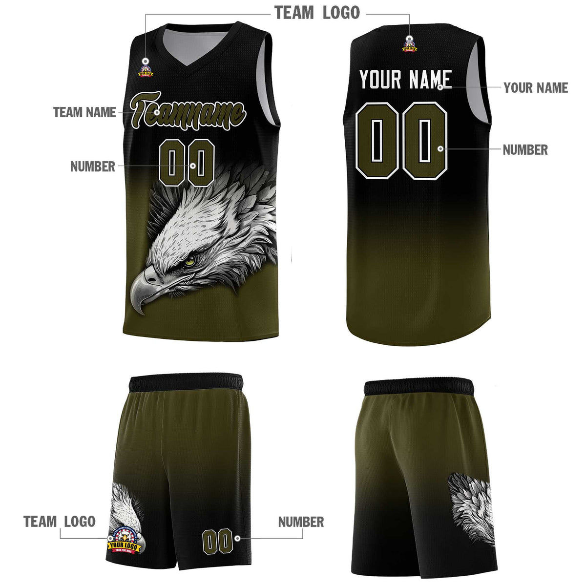 Custom Black Olive Basketball Kits with Eagle Pattern