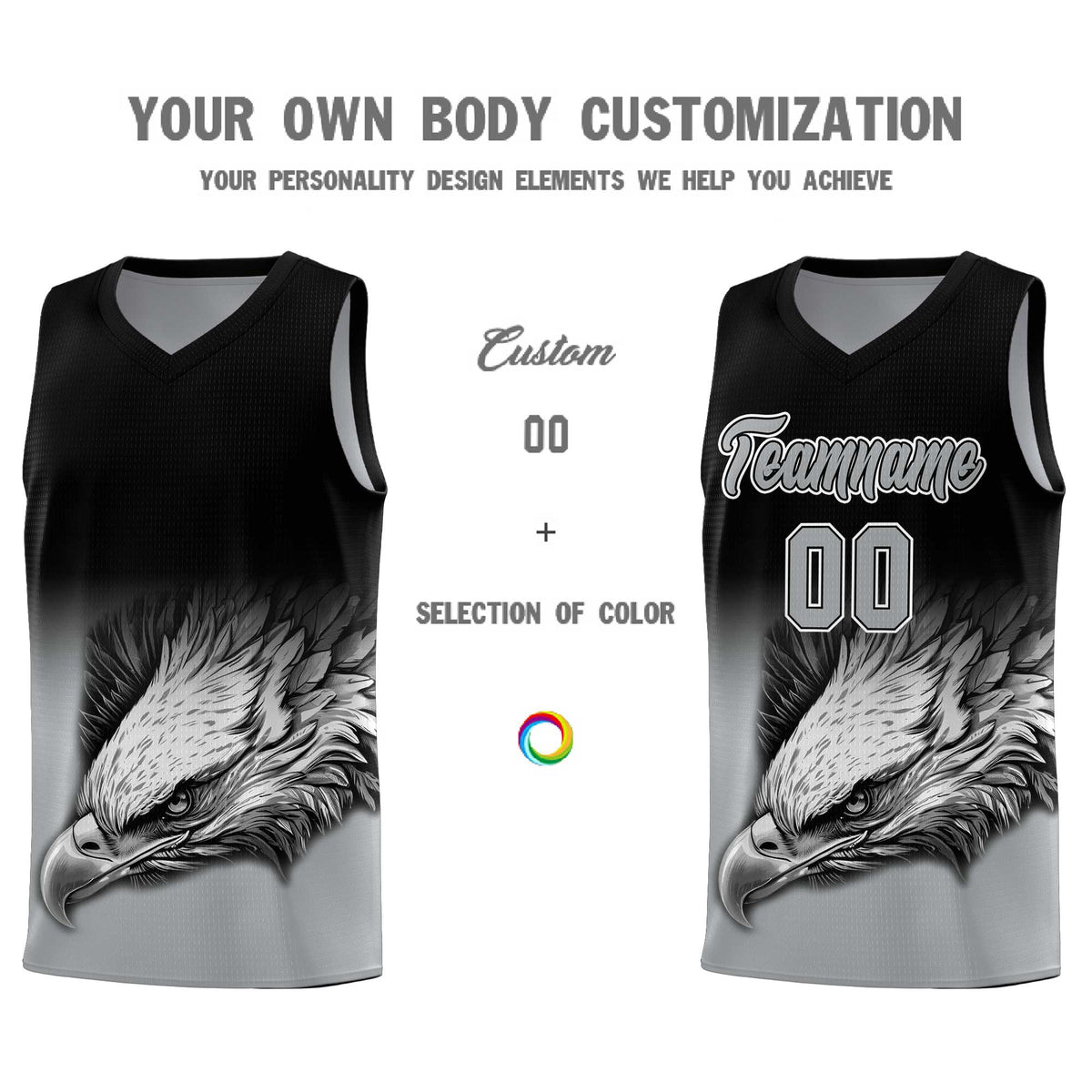 Custom Black Gray Basketball Kits with Eagle Pattern