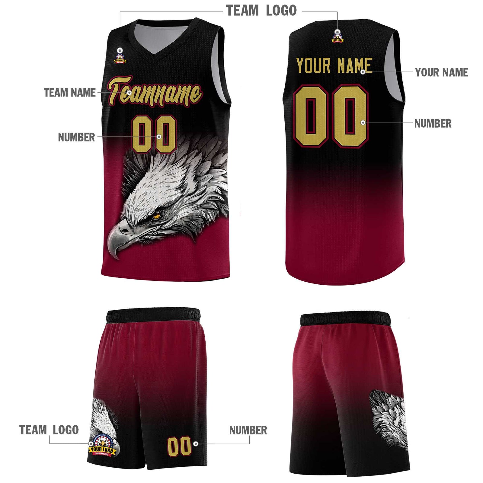 Custom Black Crimson Basketball Kits with Eagle Pattern