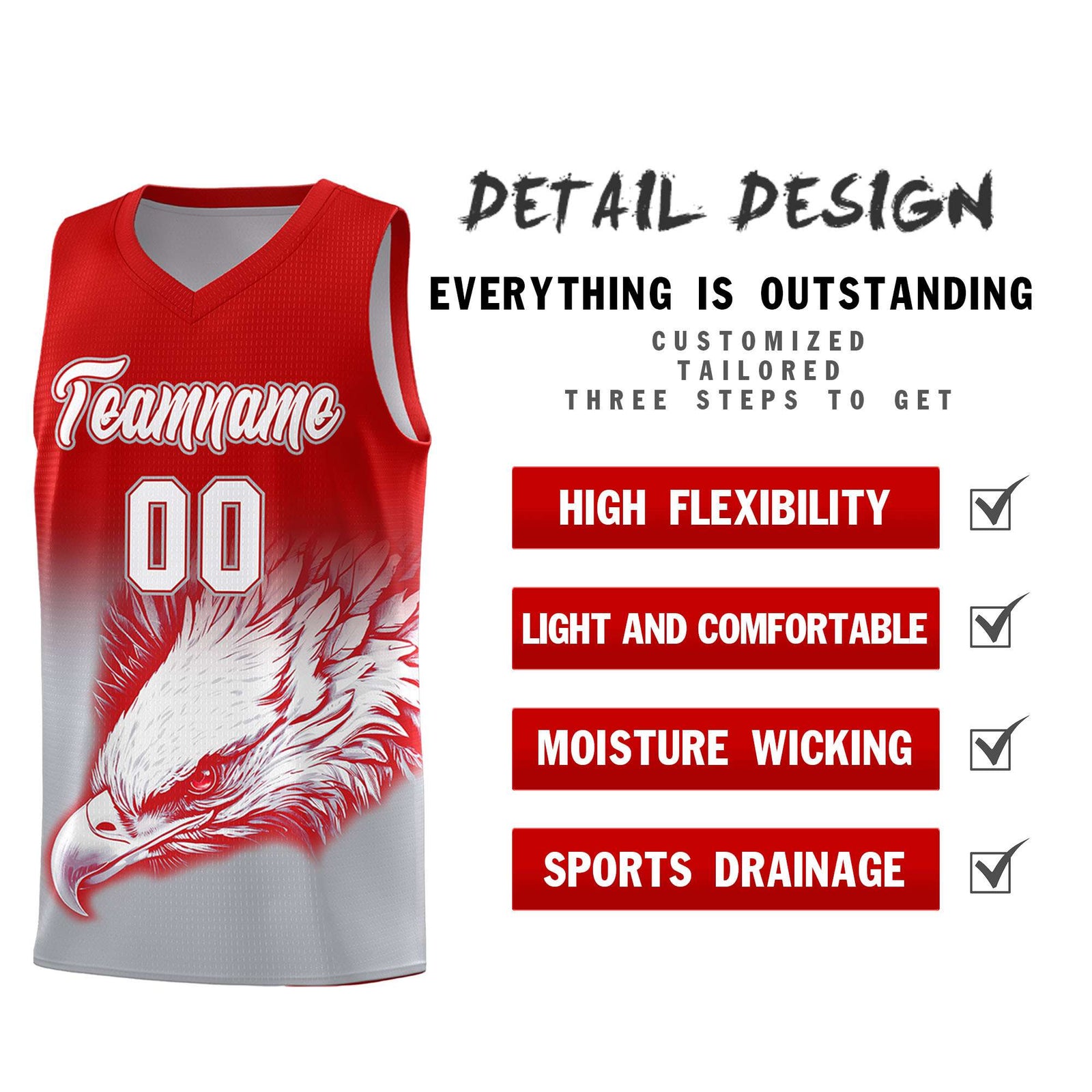 Custom Red Gray Basketball Kits with Eagle Pattern