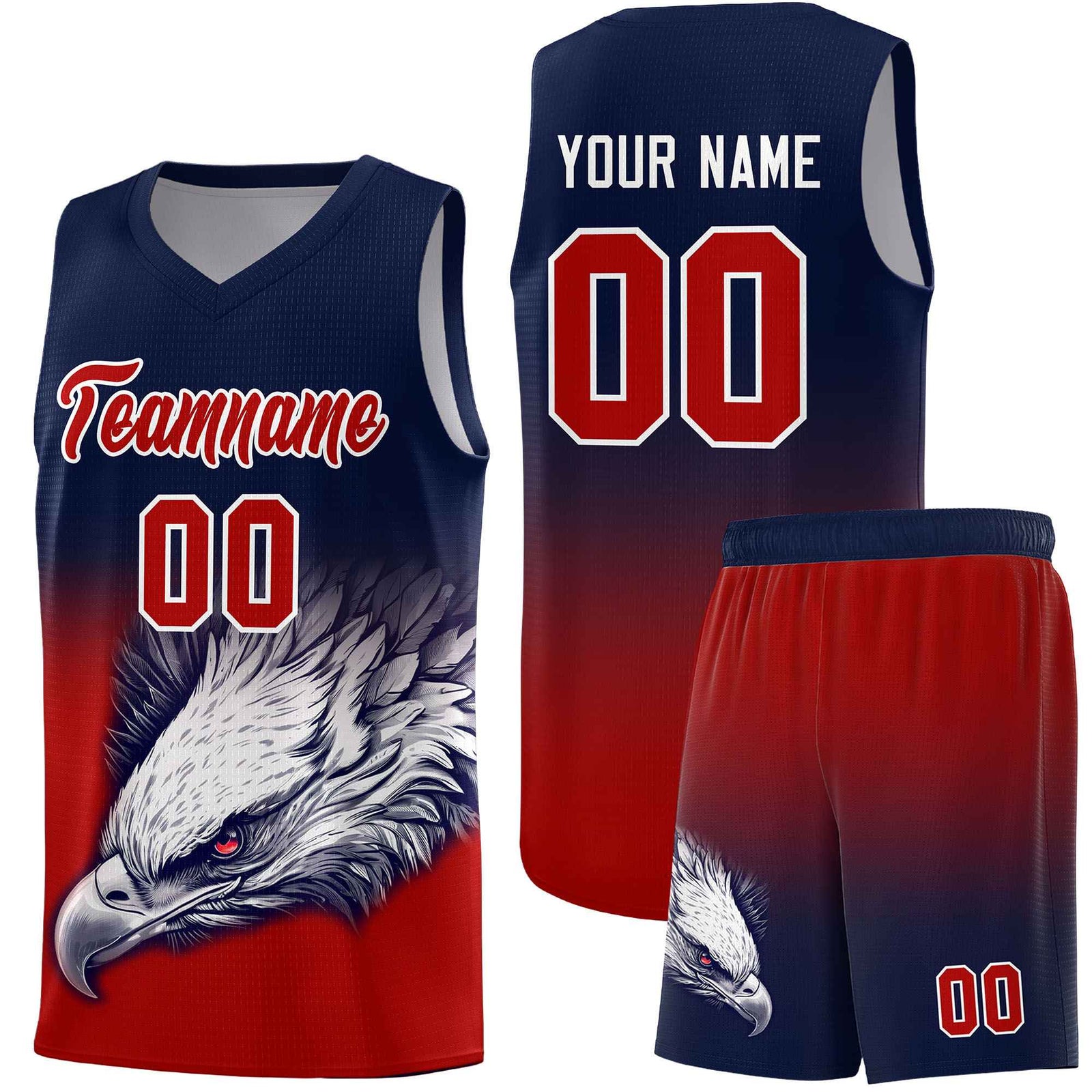 Custom Navy Red Basketball Kits with Eagle Pattern