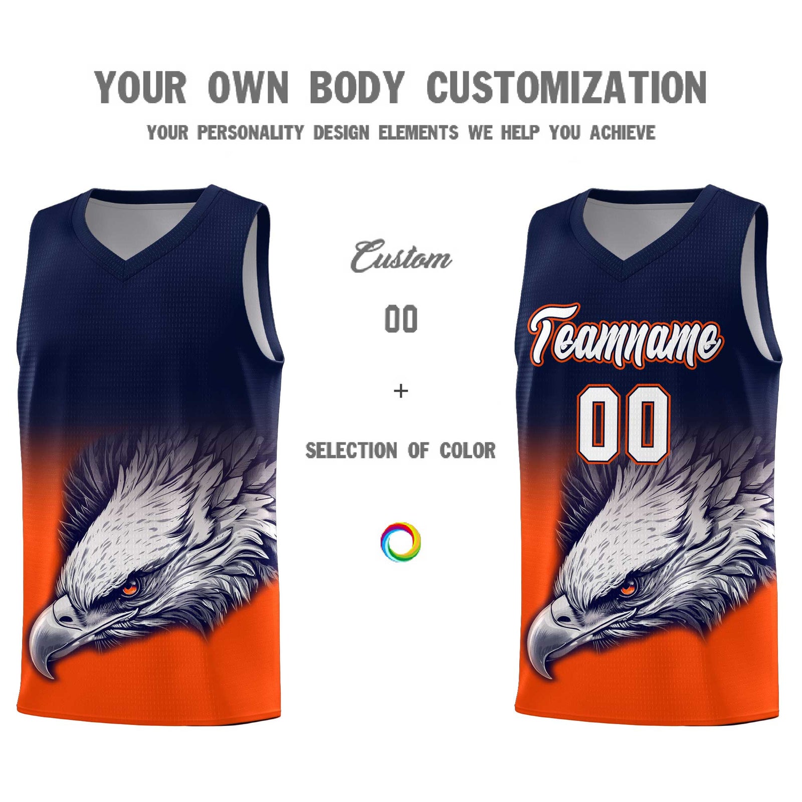 Custom Navy Orange Basketball Kits with Eagle Pattern