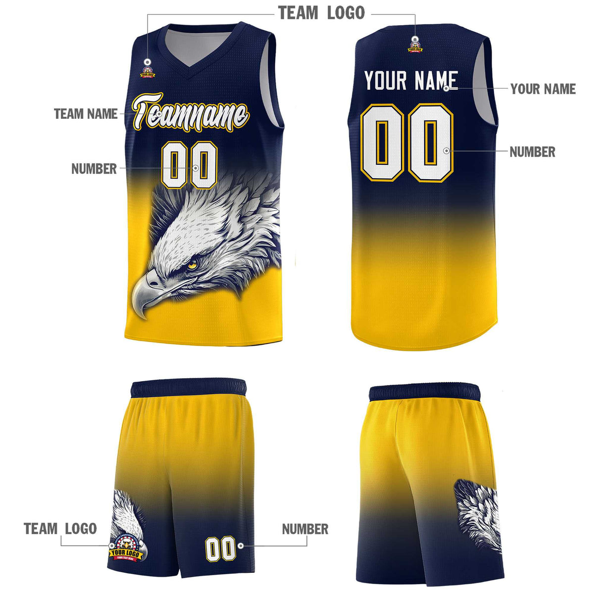 Custom Navy Yellow Basketball Kits with Eagle Pattern