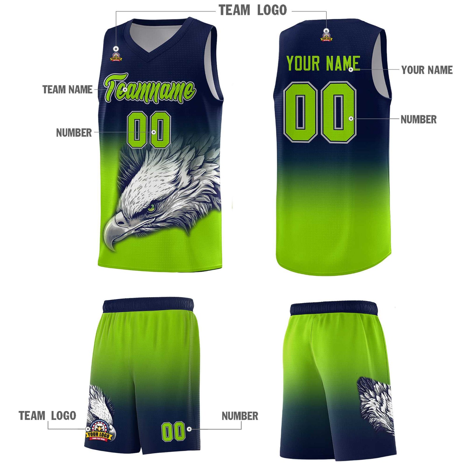 Custom Navy Neon Green Basketball Kits with Eagle Pattern