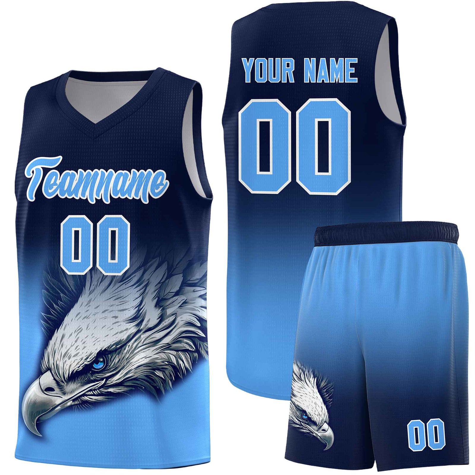 Custom Navy Powder Blue Basketball Kits with Eagle Pattern