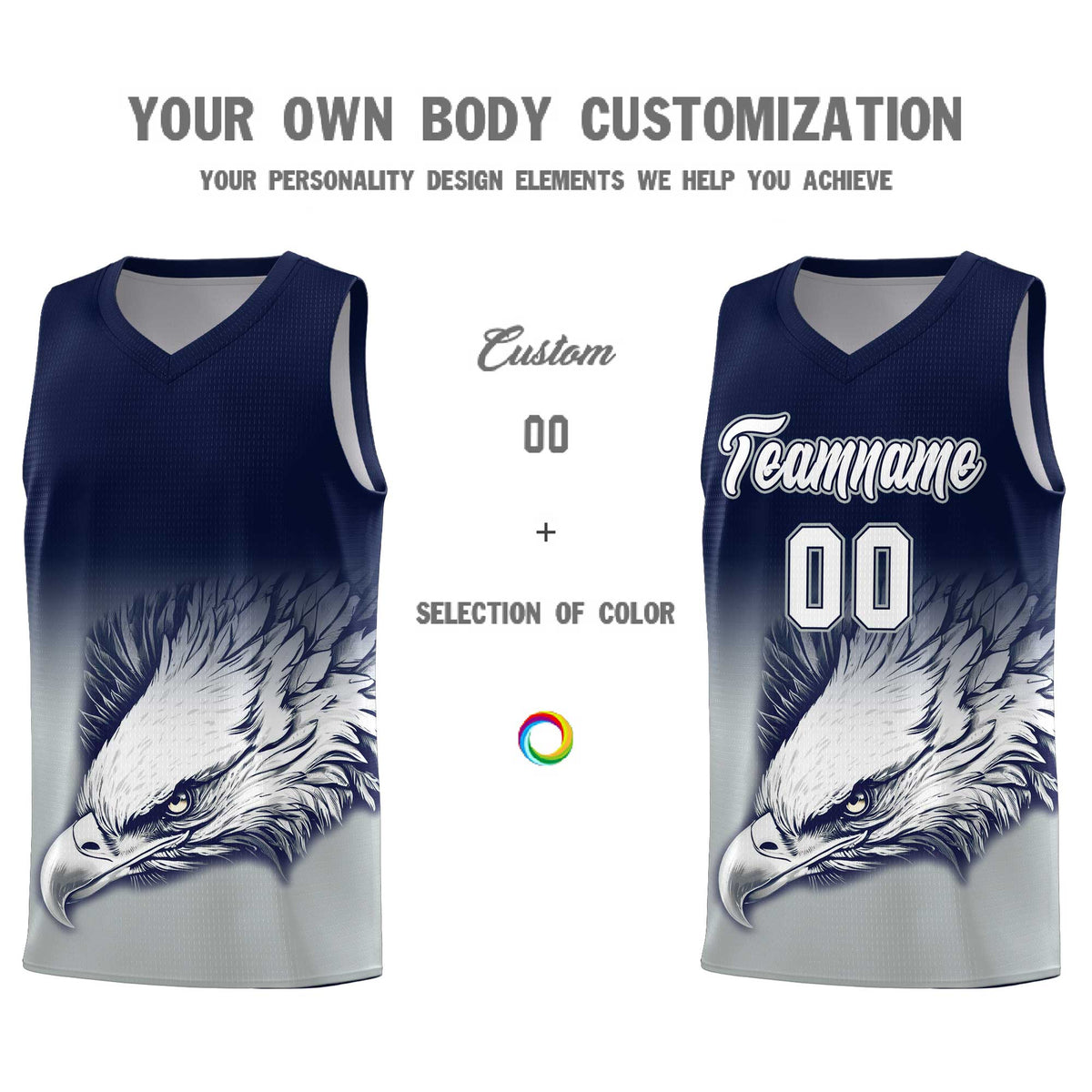 Custom Navy Gray Basketball Kits with Eagle Pattern