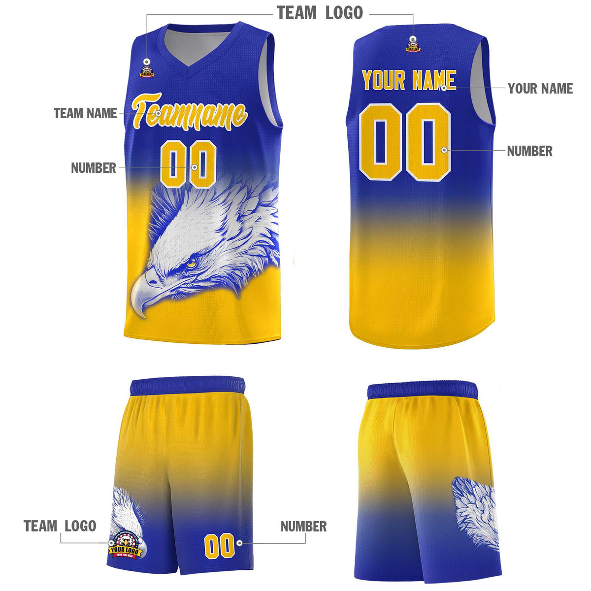 Custom Royal Yellow Basketball Kits with Eagle Pattern
