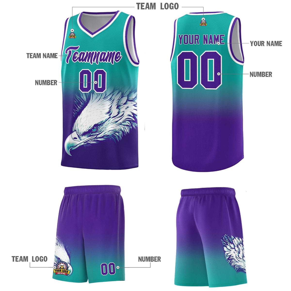 Custom Aqua Purple Basketball Kits with Eagle Pattern