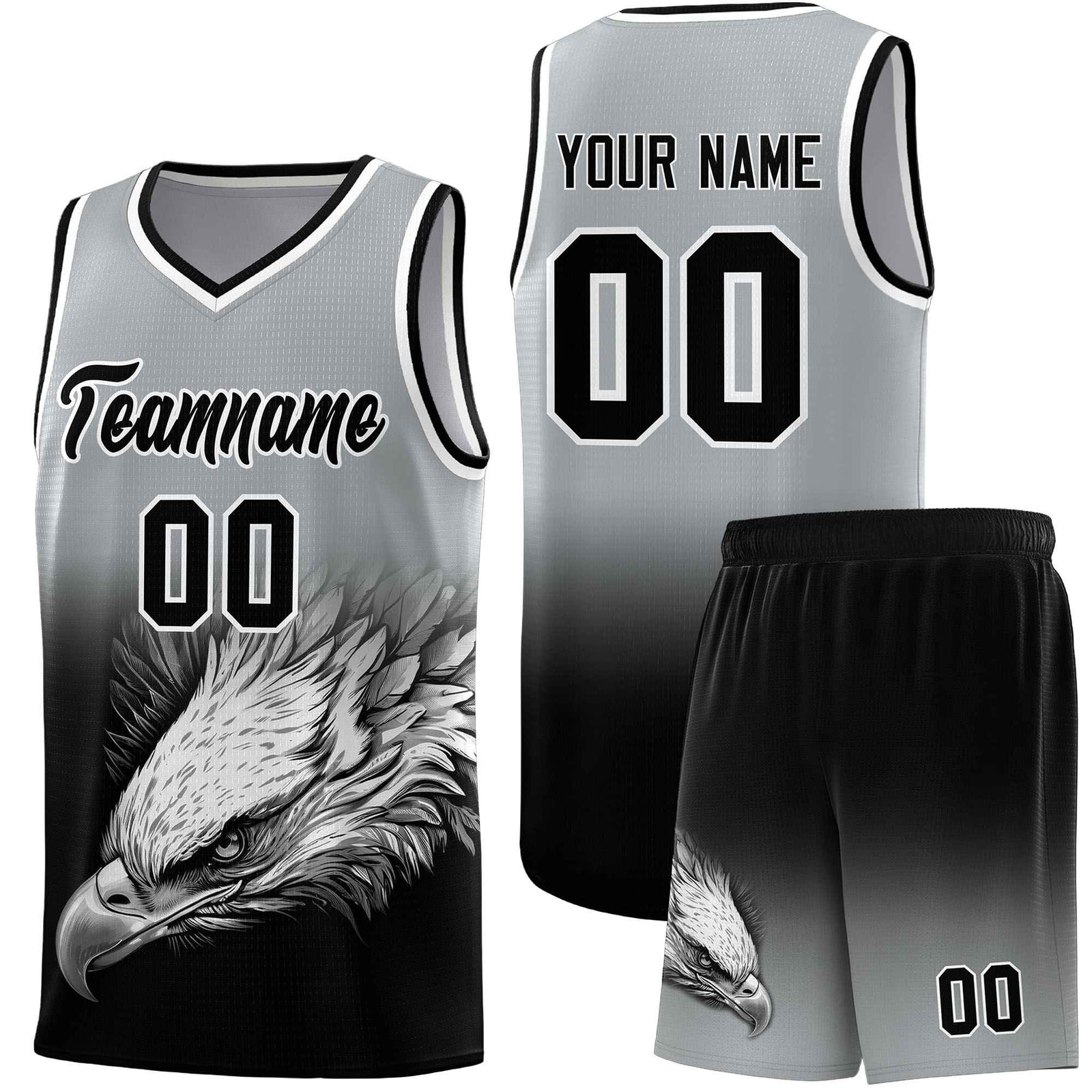 Custom Gray Black Basketball Kits with Eagle Pattern