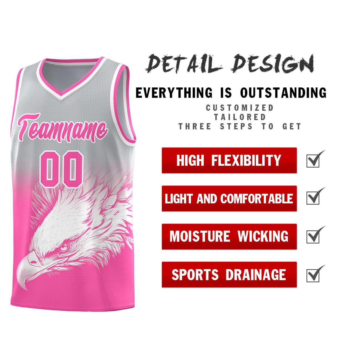 Custom Gray Pink Basketball Kits with Eagle Pattern