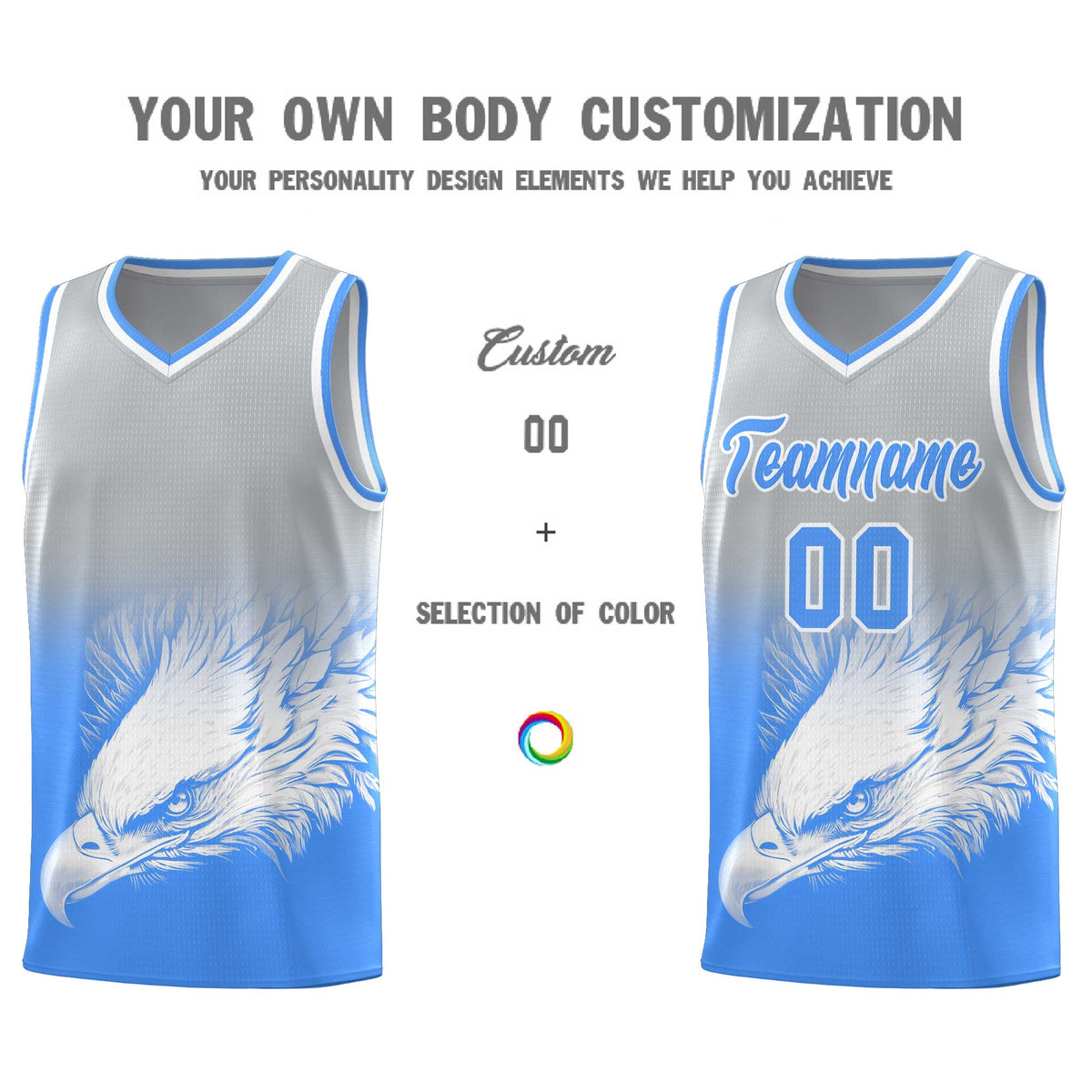Custom Gray Powder Blue Basketball Kits with Eagle Pattern