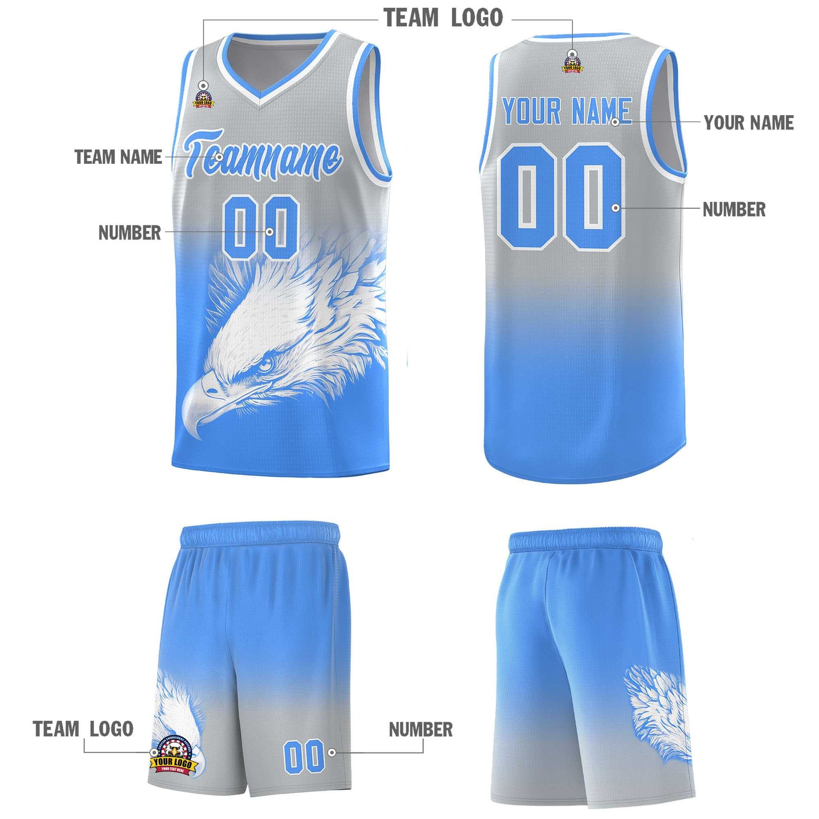 Custom Gray Powder Blue Basketball Kits with Eagle Pattern