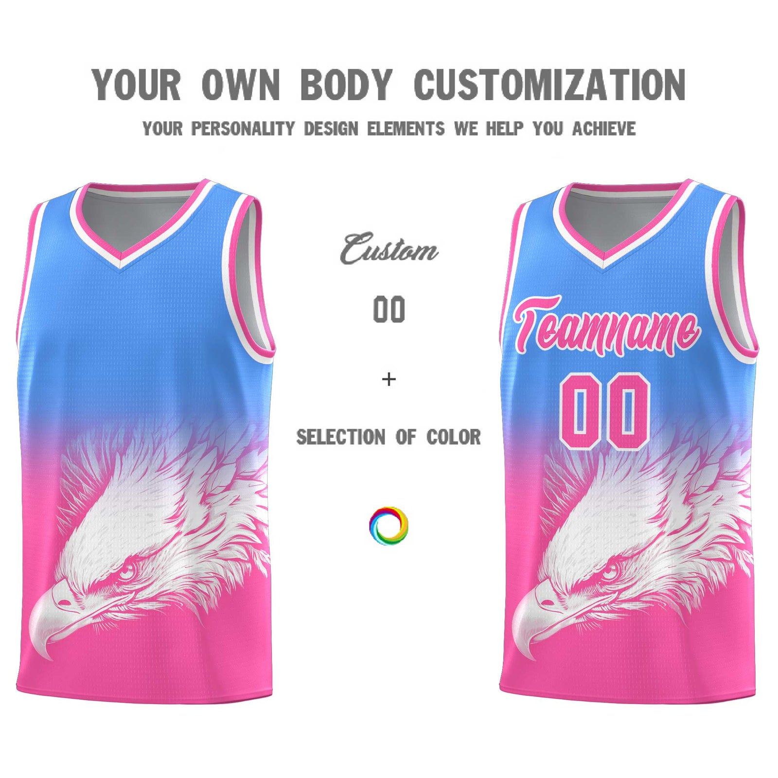 Custom Powder Blue Pink Basketball Kits with Eagle Pattern