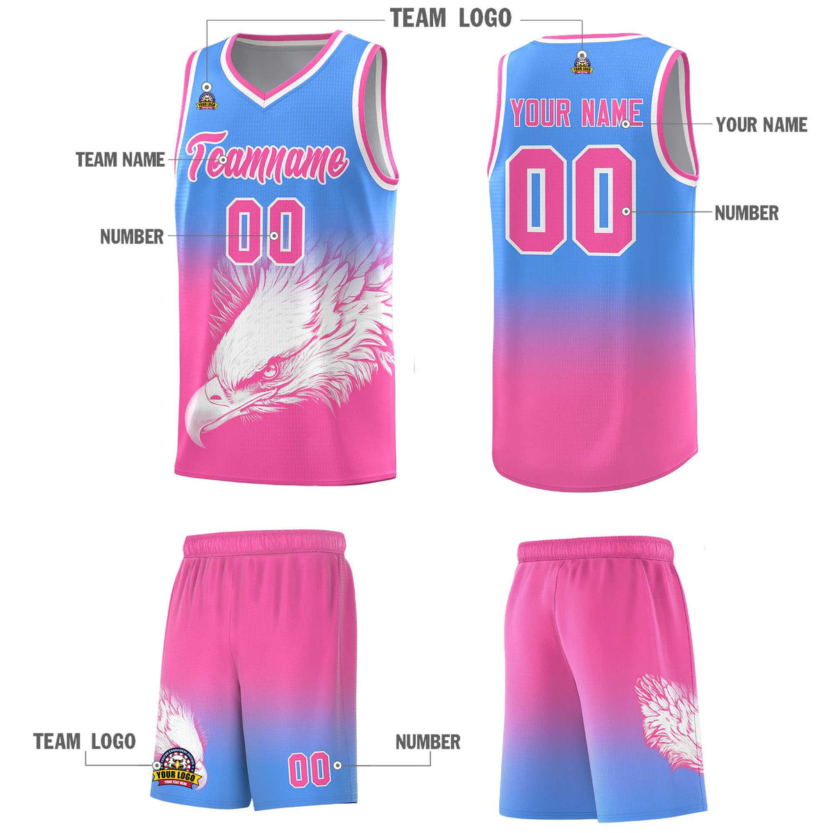 Custom Powder Blue Pink Basketball Kits with Eagle Pattern