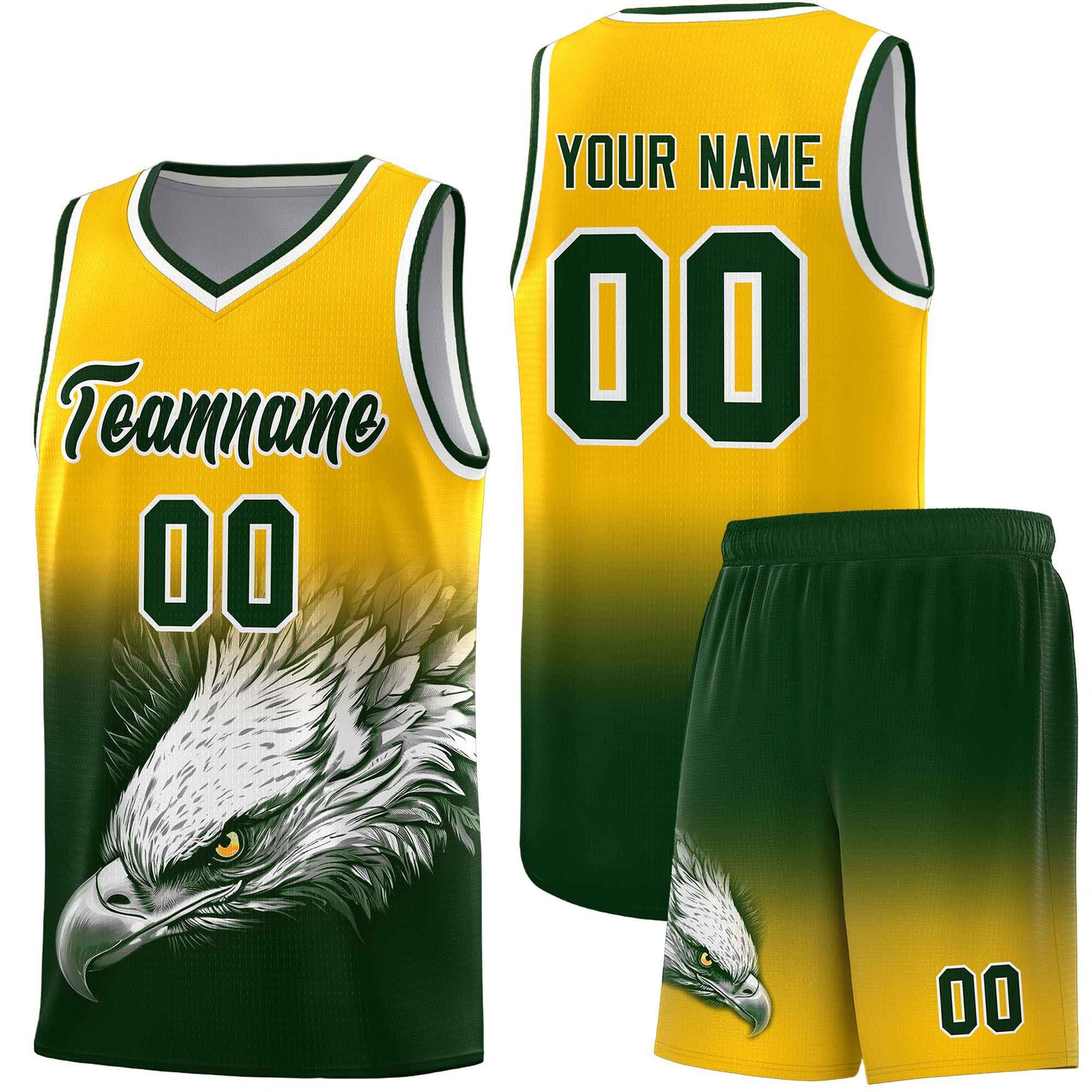 Custom Yellow Green Basketball Kits with Eagle Pattern