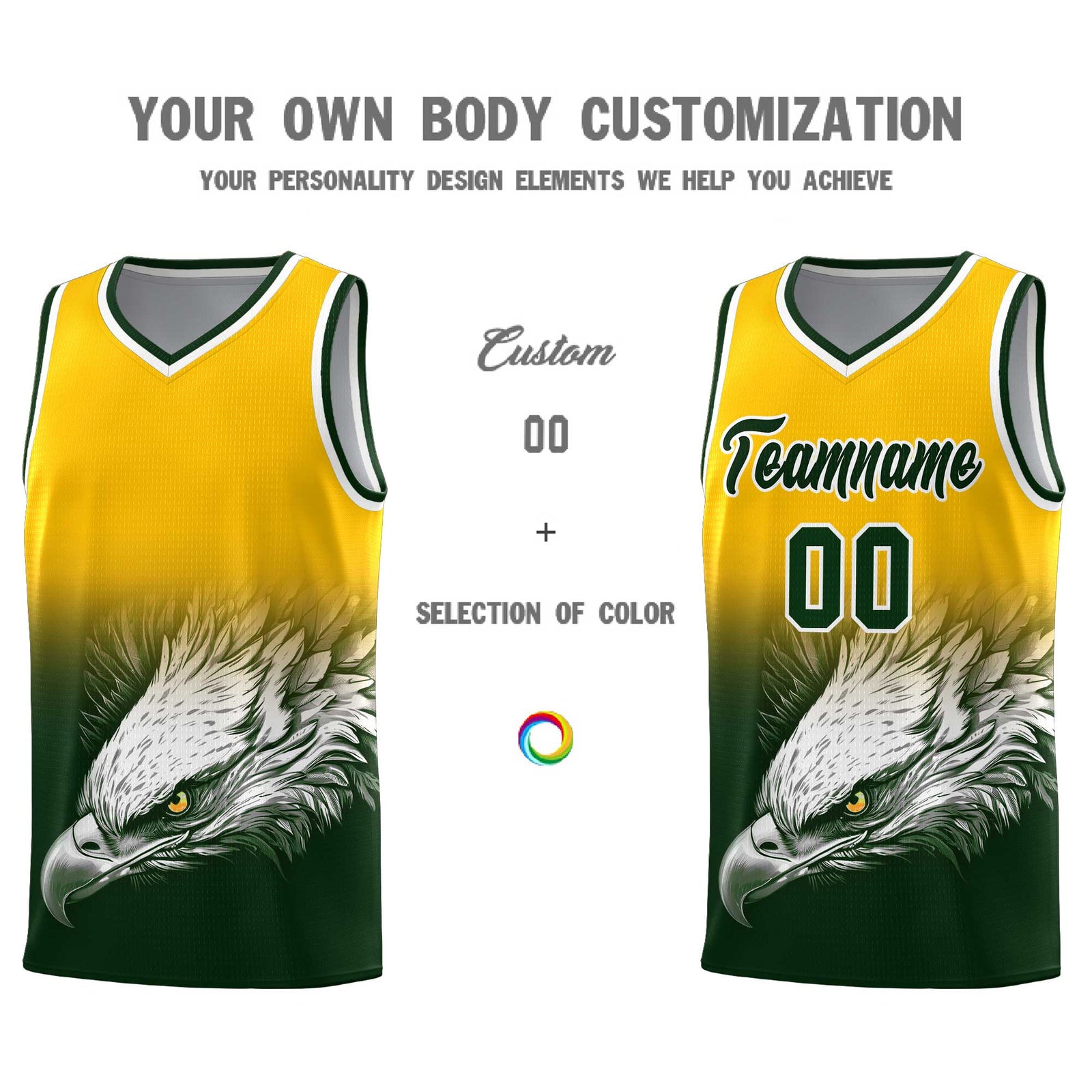 Custom Yellow Green Basketball Kits with Eagle Pattern