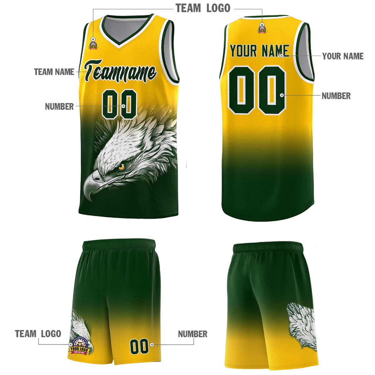 Custom Yellow Green Basketball Kits with Eagle Pattern
