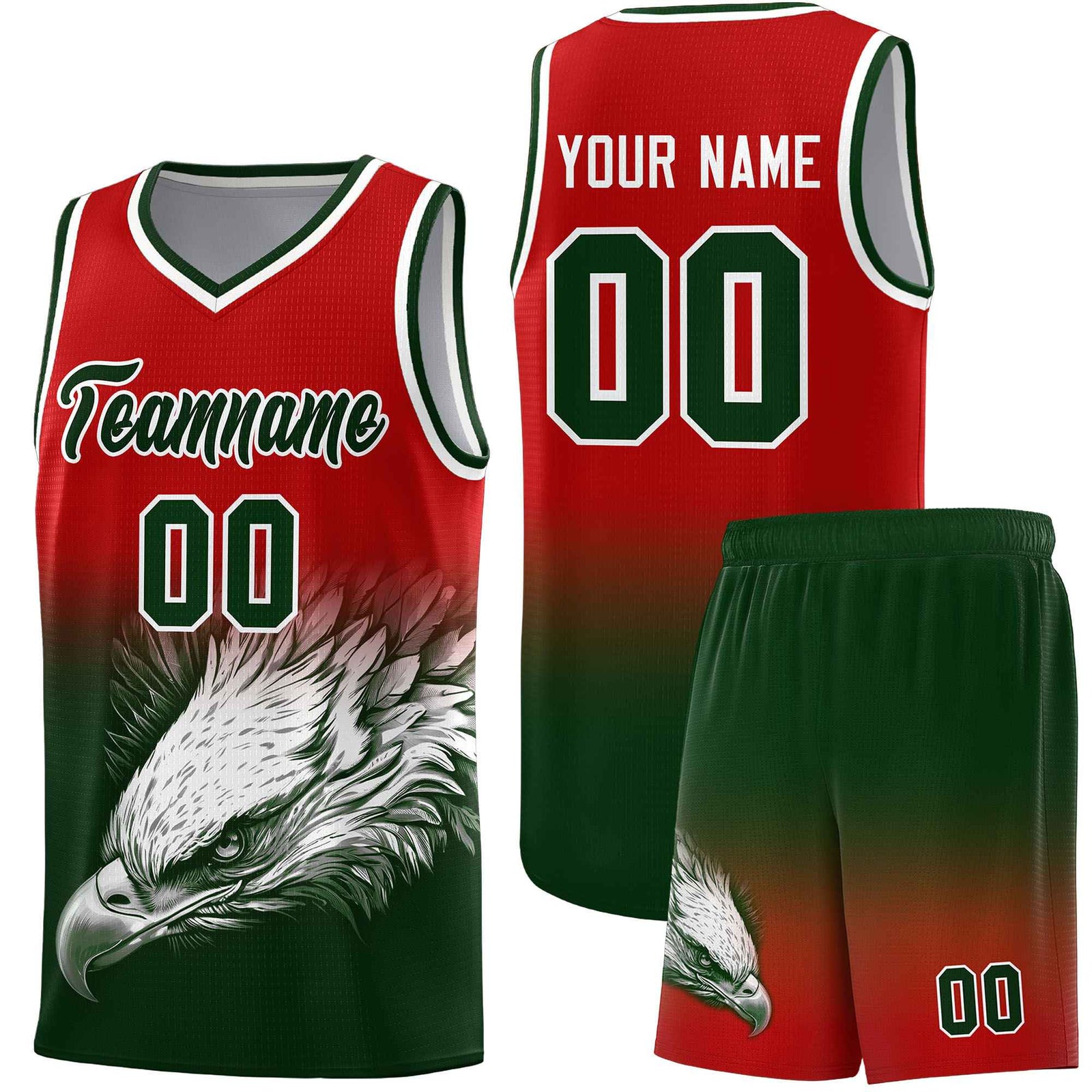Custom Red Green Basketball Kits with Eagle Pattern