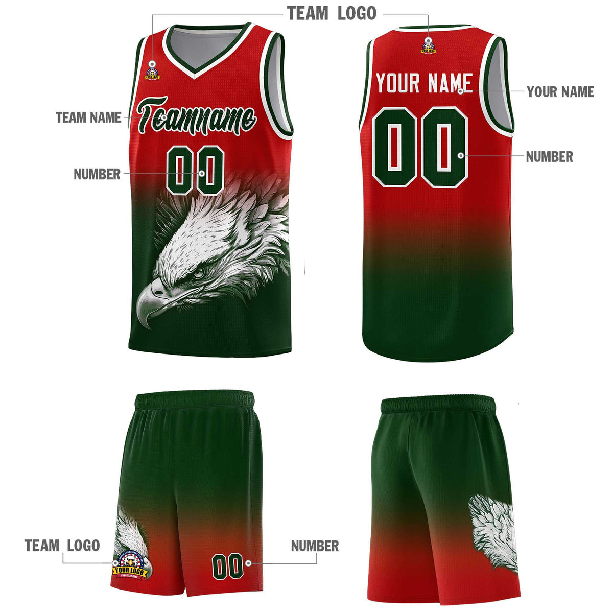 Custom Red Green Basketball Kits with Eagle Pattern