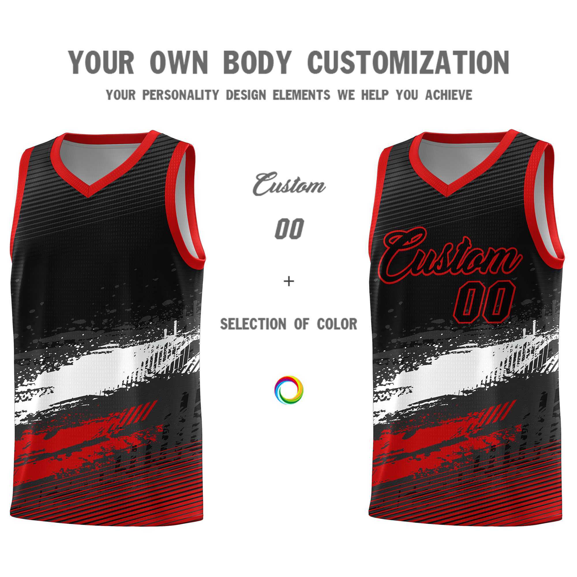Custom Black White and Red Graffiti Pattern Sports Uniform Basketball Jersey