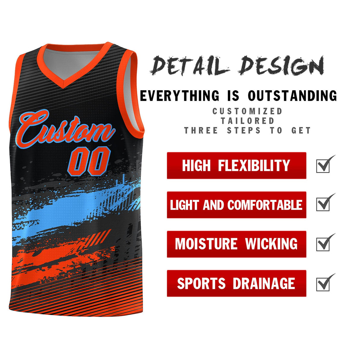 Custom Black Powder Blue and Orange Graffiti Pattern Sports Uniform Basketball Jersey