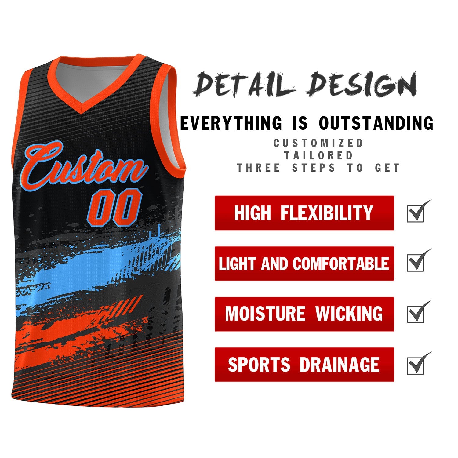 Custom Black Powder Blue and Orange Graffiti Pattern Sports Uniform Basketball Jersey