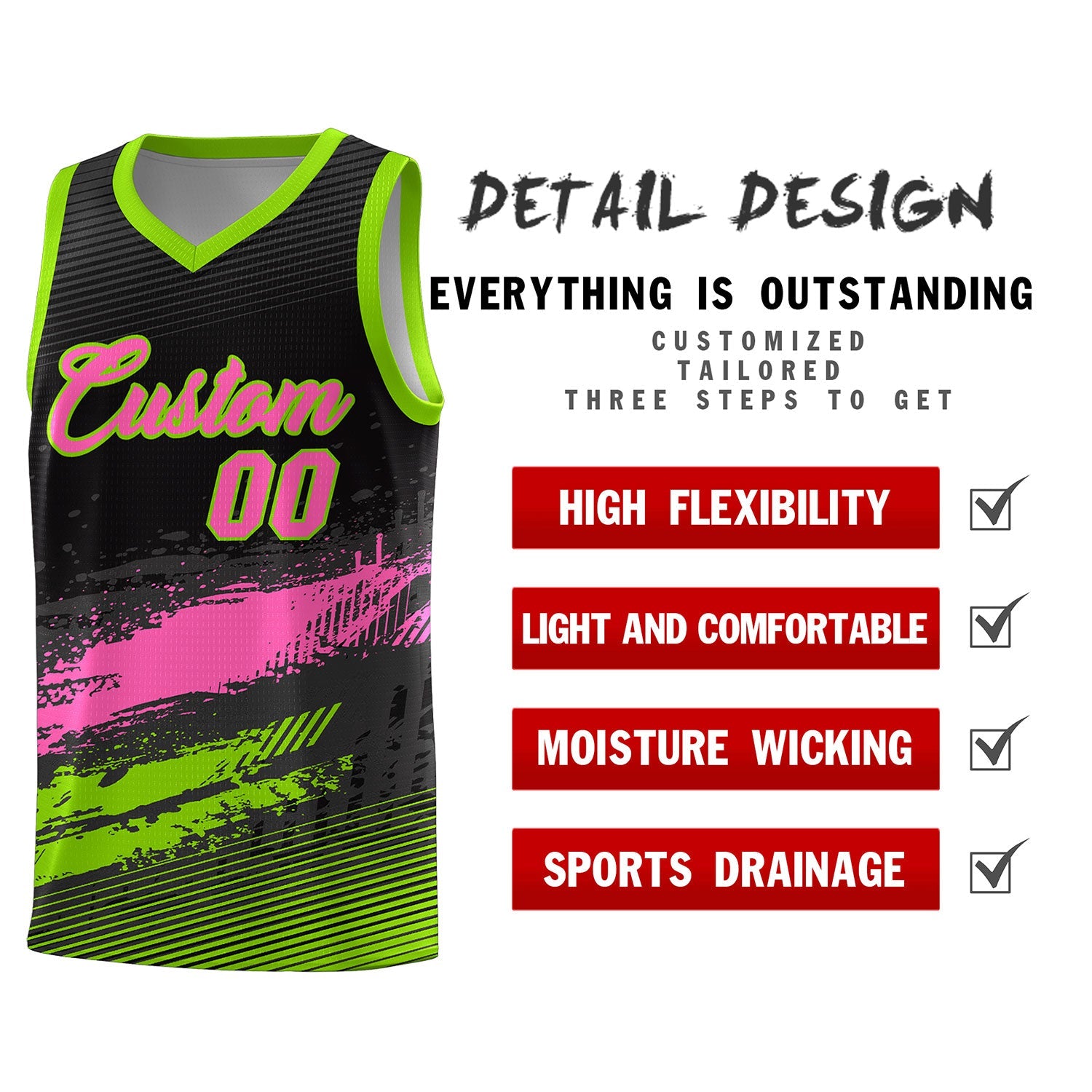 Custom Black Pink and Neon Green Graffiti Pattern Sports Uniform Basketball Jersey