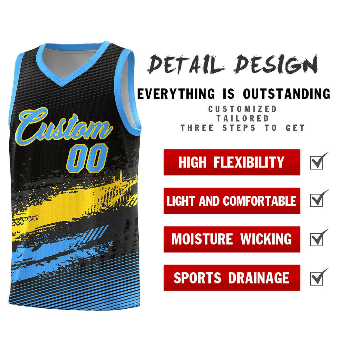 Custom Black Gold and Powder Blue Graffiti Pattern Sports Uniform Basketball Jersey