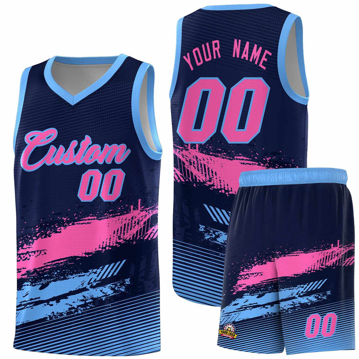 Custom Navy Pink and Powder Blue Graffiti Pattern Sports Uniform Basketball Jersey
