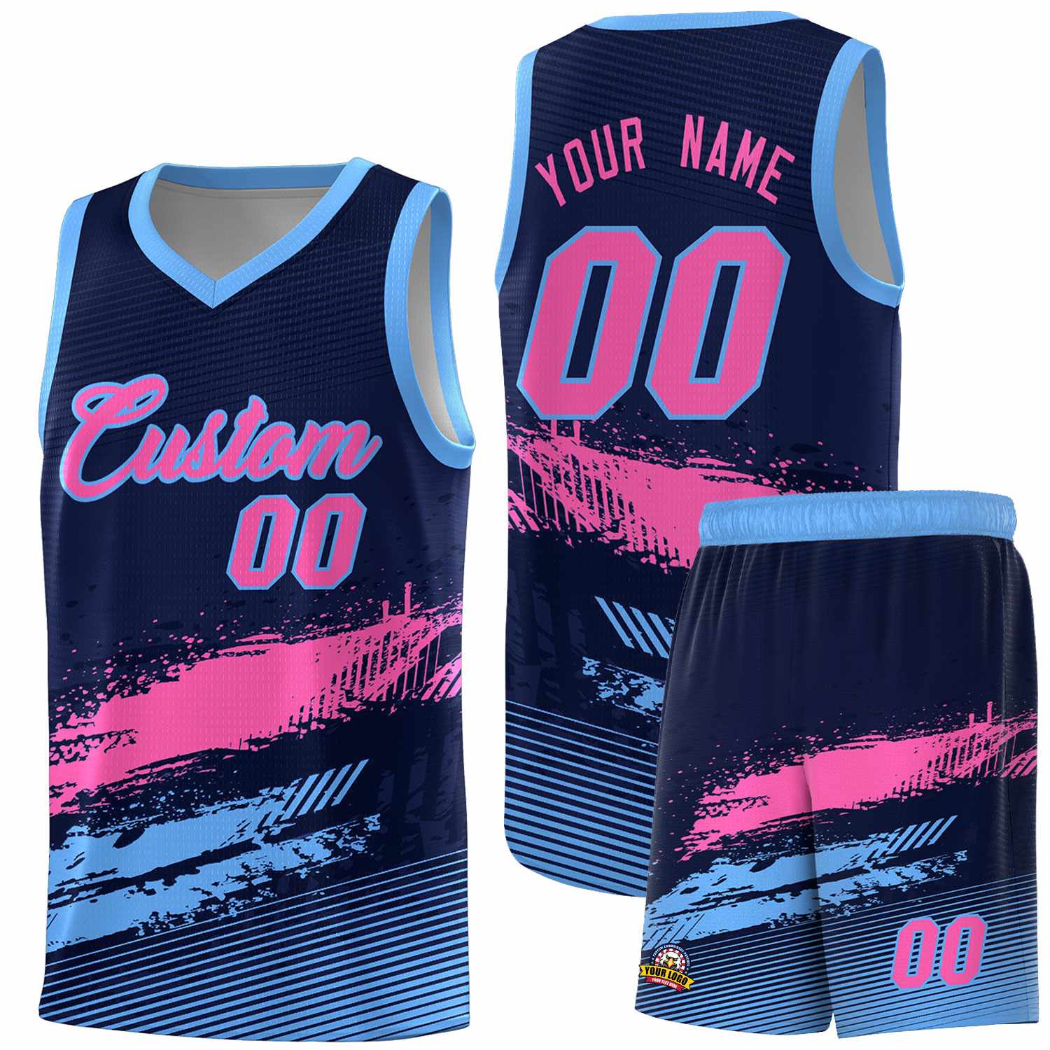 Custom Navy Pink and Powder Blue Graffiti Pattern Sports Uniform Basketball Jersey