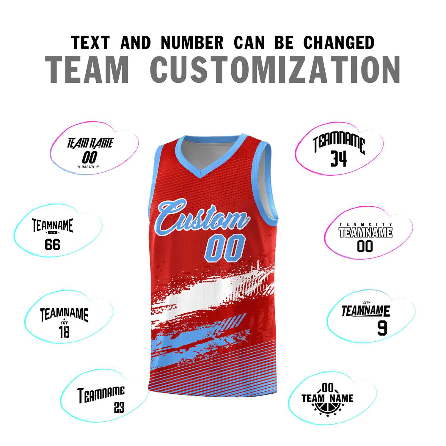 Custom Red White and Powder Blue Graffiti Pattern Sports Uniform Basketball Jersey