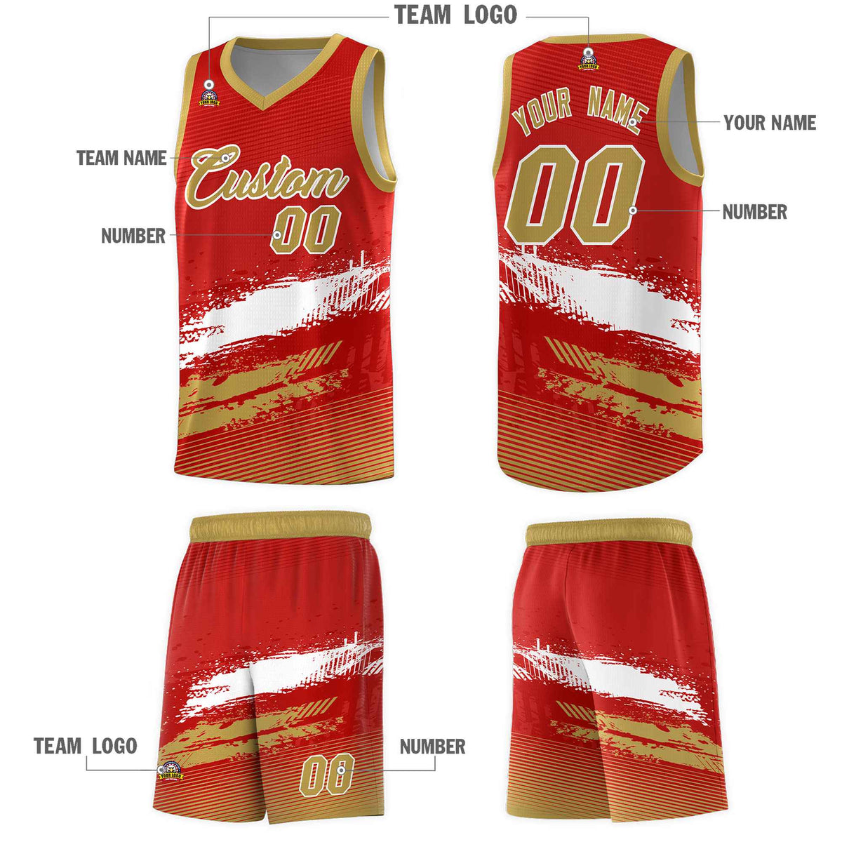 Custom Red White and Old Gold Graffiti Pattern Sports Uniform Basketball Jersey