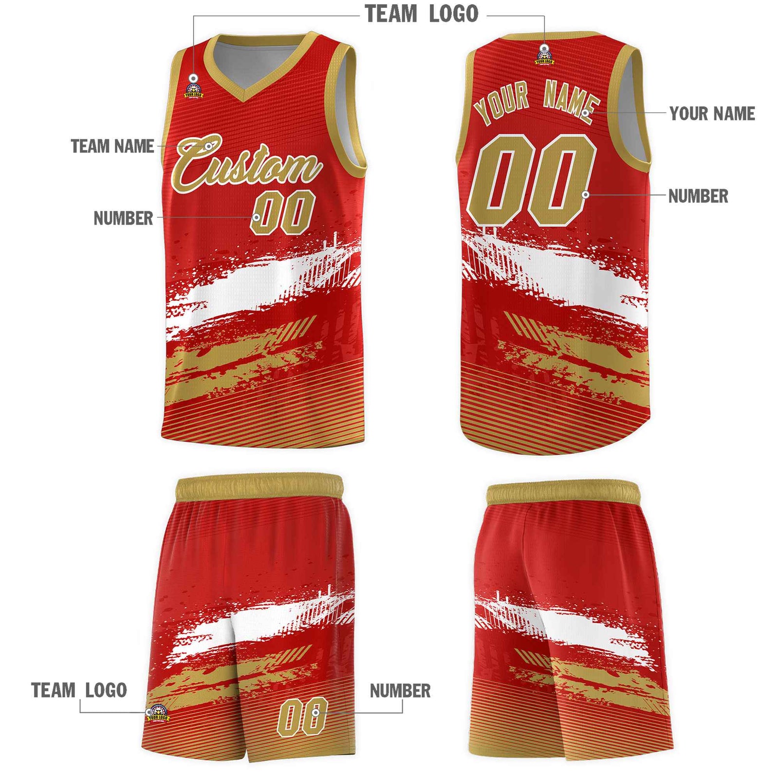 Custom Red White and Old Gold Graffiti Pattern Sports Uniform Basketball Jersey