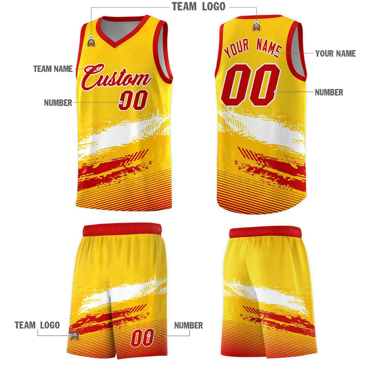 Custom Yellow White and Red Graffiti Pattern Sports Uniform Basketball Jersey