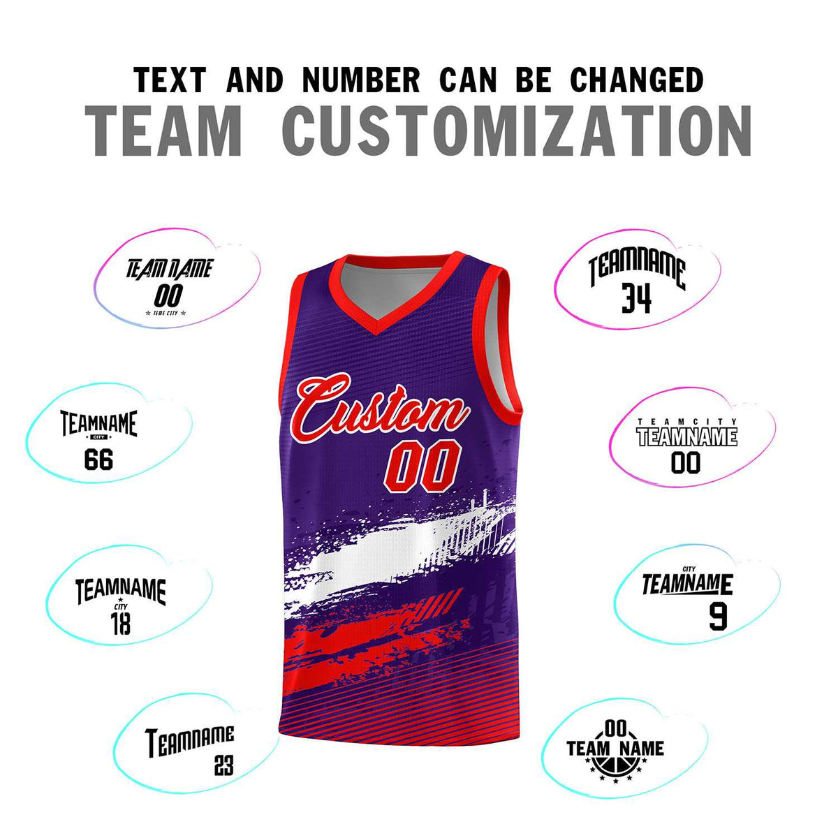 Custom Purple White and Red Graffiti Pattern Sports Uniform Basketball Jersey