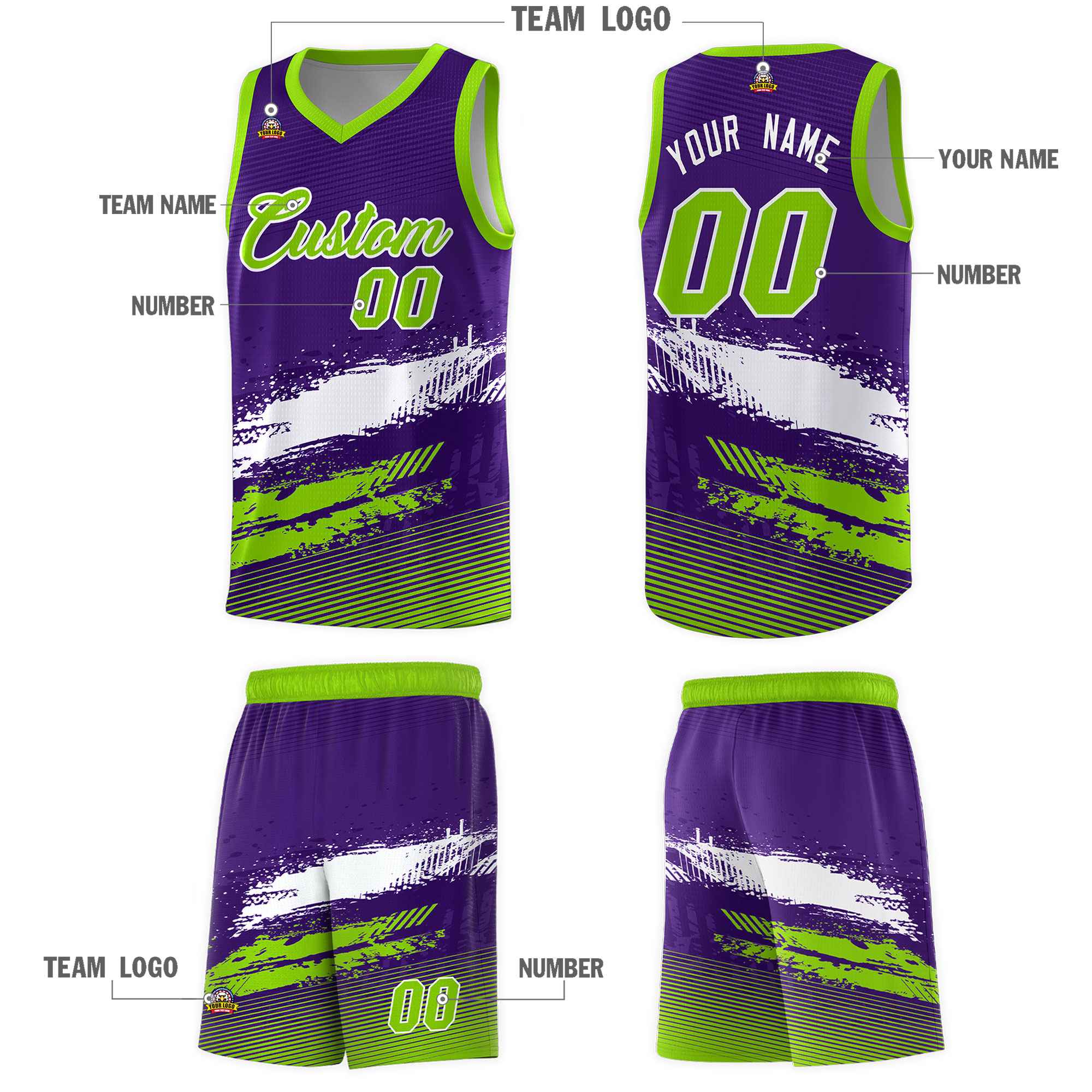 Custom Purple White and Neon Green Graffiti Pattern Sports Uniform Basketball Jersey