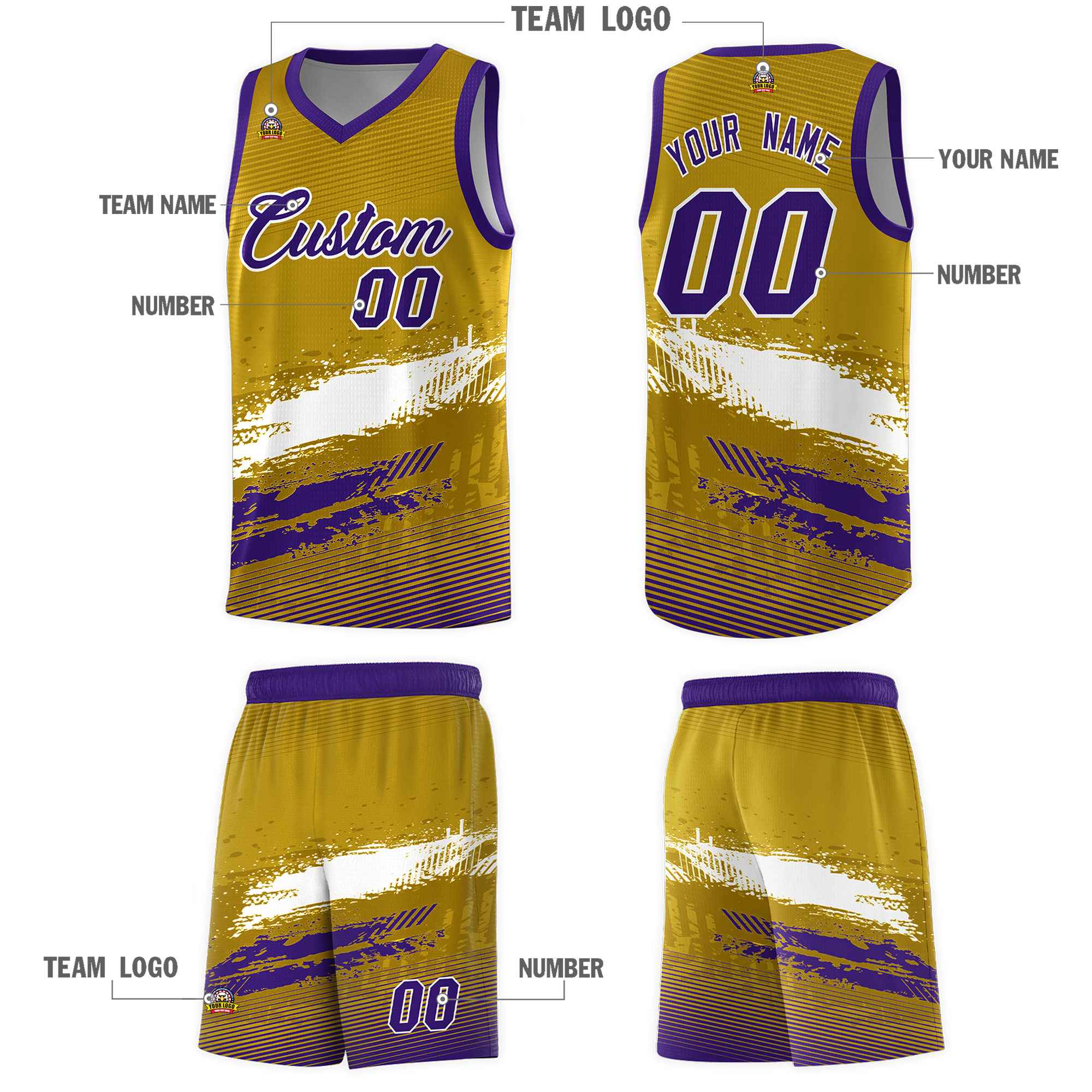 Custom Old Gold White and Purple Graffiti Pattern Sports Uniform Basketball Jersey