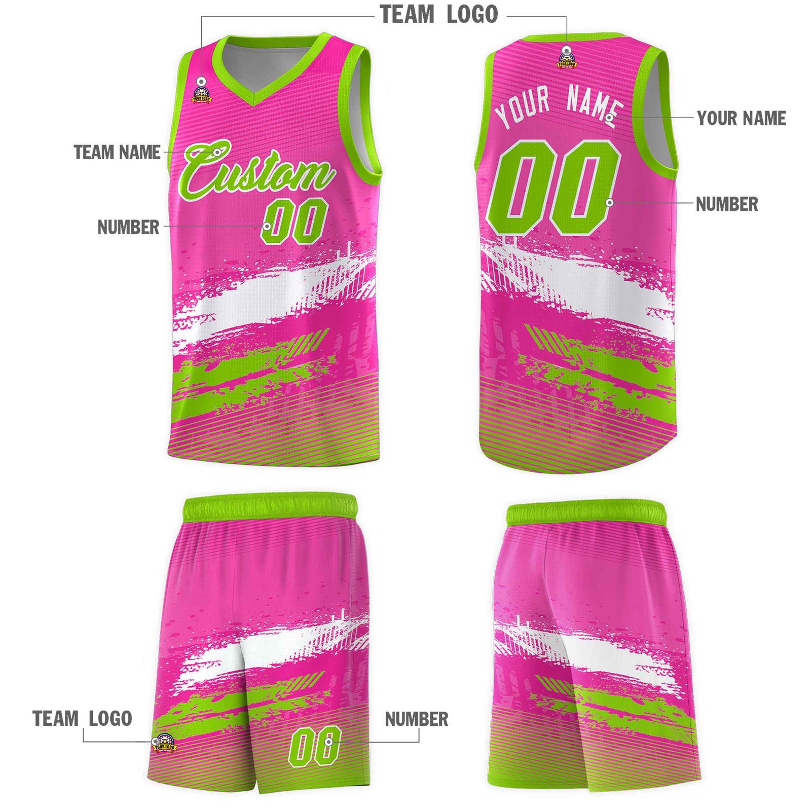 Custom Pink White and Neon Green Graffiti Pattern Sports Uniform Basketball Jersey