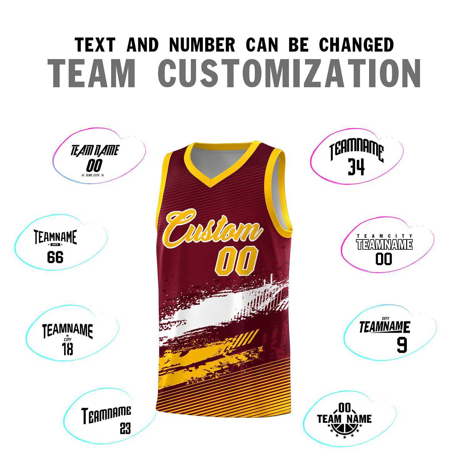 Custom Crimson White and Yellow Graffiti Pattern Sports Uniform Basketball Jersey