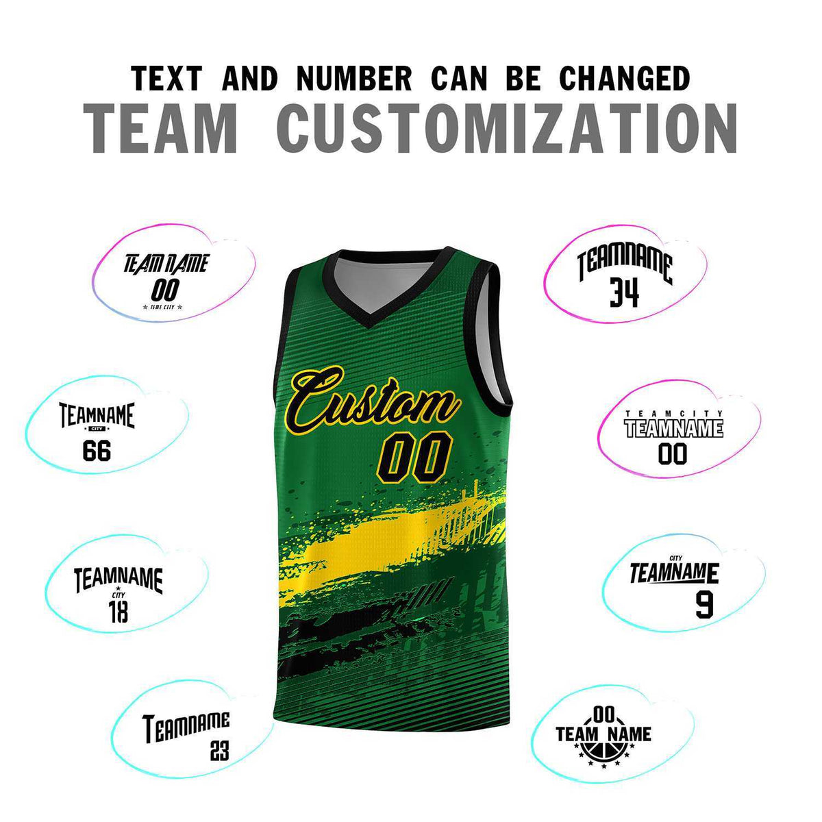 Custom Kelly Green Gold and Black Graffiti Pattern Sports Uniform Basketball Jersey