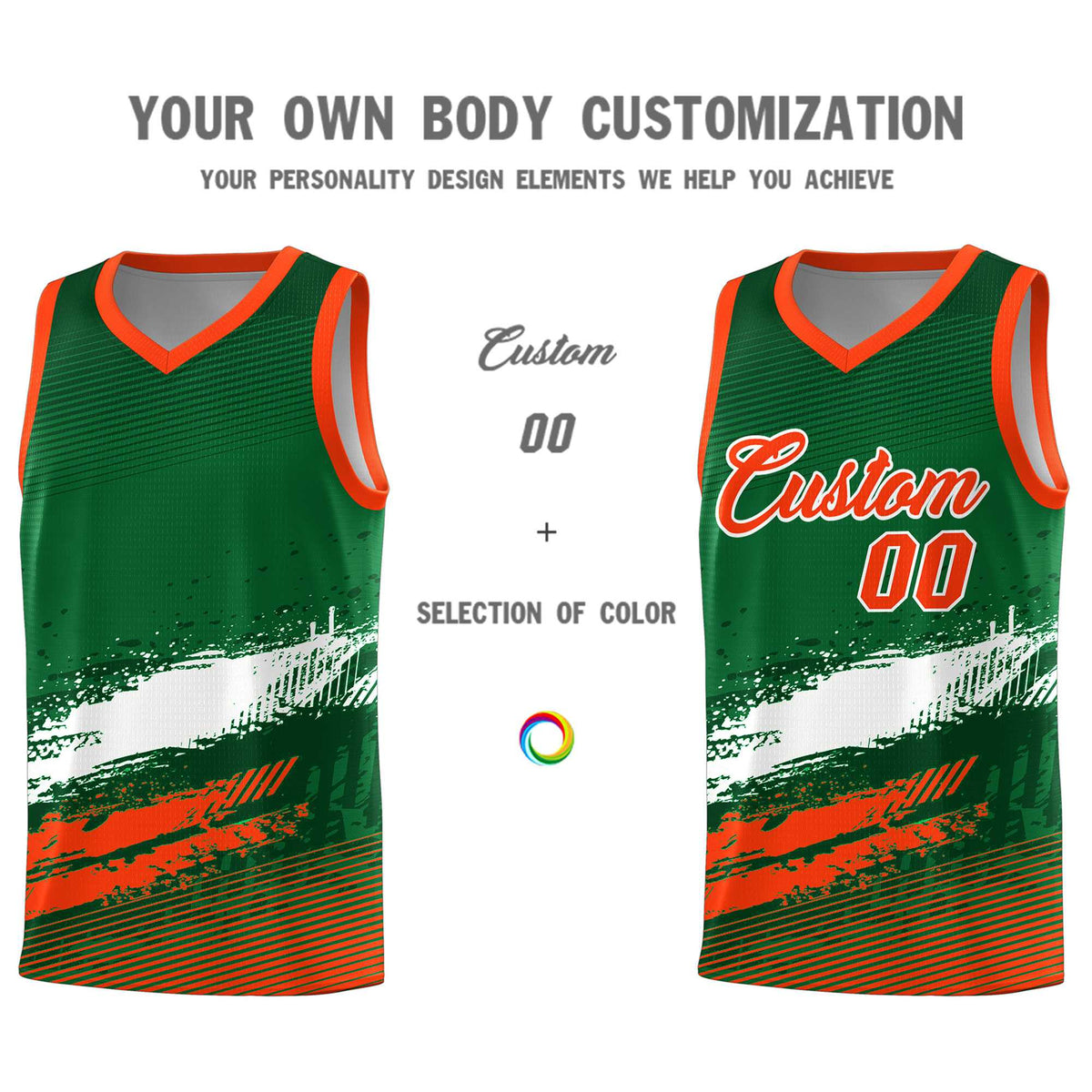Custom Kelly Green White and Orange Graffiti Pattern Sports Uniform Basketball Jersey